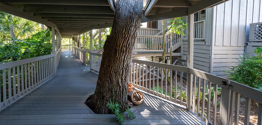Covered walkway and backside entry to Treehouses condos